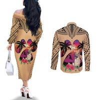 polynesian-couples-matching-off-the-shoulder-long-sleeve-dress-and-long-sleeve-button-shirts-dog-lover-with-german-shepherd-sunset-at-the-beach