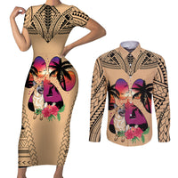 Polynesian Couples Matching Short Sleeve Bodycon Dress and Long Sleeve Button Shirts Dog Lover With German Shepherd - Sunset At The Beach LT7 - Wonder Print Shop