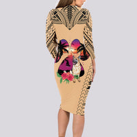 Polynesian Long Sleeve Bodycon Dress Dog Lover With German Shepherd - Sunset At The Beach - Wonder Print Shop