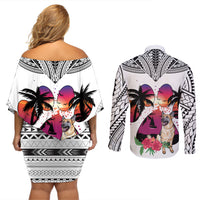 Polynesian Couples Matching Off Shoulder Short Dress and Long Sleeve Button Shirts Dog Lover With German Shepherd - Sunset At The Beach White Ver LT7 - Wonder Print Shop
