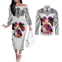 polynesian-couples-matching-off-the-shoulder-long-sleeve-dress-and-long-sleeve-button-shirts-dog-lover-with-german-shepherd-sunset-at-the-beach-white-ver