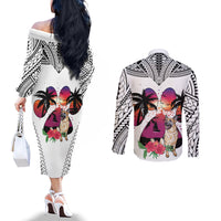polynesian-couples-matching-off-the-shoulder-long-sleeve-dress-and-long-sleeve-button-shirts-dog-lover-with-german-shepherd-sunset-at-the-beach-white-ver