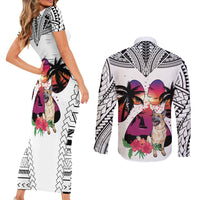 Polynesian Couples Matching Short Sleeve Bodycon Dress and Long Sleeve Button Shirts Dog Lover With German Shepherd - Sunset At The Beach White Ver LT7 - Wonder Print Shop