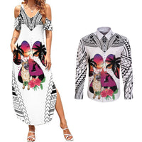 Polynesian Couples Matching Summer Maxi Dress and Long Sleeve Button Shirts Dog Lover With German Shepherd - Sunset At The Beach White Ver LT7 - Wonder Print Shop