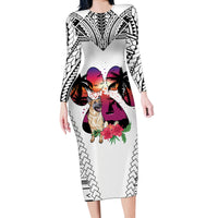 Polynesian Long Sleeve Bodycon Dress Dog Lover With German Shepherd - Sunset At The Beach White Ver - Wonder Print Shop
