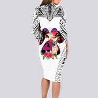 Polynesian Long Sleeve Bodycon Dress Dog Lover With German Shepherd - Sunset At The Beach White Ver - Wonder Print Shop