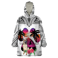 Polynesian Wearable Blanket Hoodie Dog Lover With German Shepherd - Sunset At The Beach White Ver - Wonder Print Shop