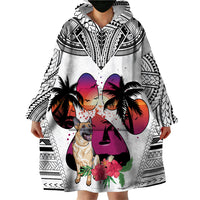 Polynesian Wearable Blanket Hoodie Dog Lover With German Shepherd - Sunset At The Beach White Ver - Wonder Print Shop