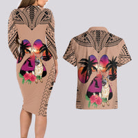 Polynesian Couples Matching Long Sleeve Bodycon Dress and Hawaiian Shirt Dog Lover With German Shepherd - Sunset At The Beach Brown Ver LT7 - Wonder Print Shop