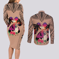 Polynesian Couples Matching Long Sleeve Bodycon Dress and Long Sleeve Button Shirts Dog Lover With German Shepherd - Sunset At The Beach Brown Ver LT7 - Wonder Print Shop