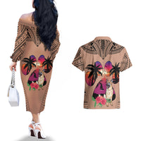 Polynesian Couples Matching Off The Shoulder Long Sleeve Dress and Hawaiian Shirt Dog Lover With German Shepherd - Sunset At The Beach Brown Ver LT7 - Wonder Print Shop