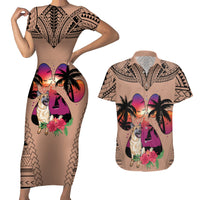 Polynesian Couples Matching Short Sleeve Bodycon Dress and Hawaiian Shirt Dog Lover With German Shepherd - Sunset At The Beach Brown Ver LT7 - Wonder Print Shop
