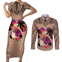 Polynesian Couples Matching Short Sleeve Bodycon Dress and Long Sleeve Button Shirts Dog Lover With German Shepherd - Sunset At The Beach Brown Ver LT7 - Wonder Print Shop