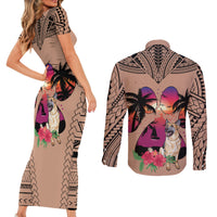 Polynesian Couples Matching Short Sleeve Bodycon Dress and Long Sleeve Button Shirts Dog Lover With German Shepherd - Sunset At The Beach Brown Ver LT7 - Wonder Print Shop