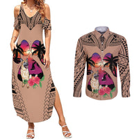 Polynesian Couples Matching Summer Maxi Dress and Long Sleeve Button Shirts Dog Lover With German Shepherd - Sunset At The Beach Brown Ver LT7 - Wonder Print Shop