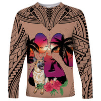 Polynesian Long Sleeve Shirt Dog Lover With German Shepherd - Sunset At The Beach Brown Ver - Wonder Print Shop