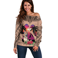 Polynesian Off Shoulder Sweater Dog Lover With German Shepherd - Sunset At The Beach Brown Ver - Wonder Print Shop