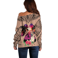 Polynesian Off Shoulder Sweater Dog Lover With German Shepherd - Sunset At The Beach Brown Ver - Wonder Print Shop