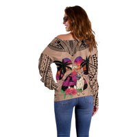 Polynesian Off Shoulder Sweater Dog Lover With German Shepherd - Sunset At The Beach Brown Ver - Wonder Print Shop
