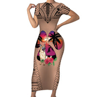 Polynesian Short Sleeve Bodycon Dress Dog Lover With German Shepherd - Sunset At The Beach Brown Ver - Wonder Print Shop