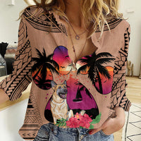 Polynesian Women Casual Shirt Dog Lover With German Shepherd - Sunset At The Beach Brown Ver - Wonder Print Shop