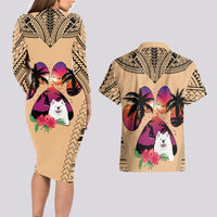 Polynesian Couples Matching Long Sleeve Bodycon Dress and Hawaiian Shirt Dog Lover With Samoyed - Sunset At The Beach LT7 - Wonder Print Shop