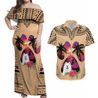 Polynesian Couples Matching Off Shoulder Maxi Dress and Hawaiian Shirt Dog Lover With Samoyed - Sunset At The Beach LT7 - Wonder Print Shop