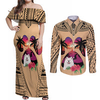 Polynesian Couples Matching Off Shoulder Maxi Dress and Long Sleeve Button Shirts Dog Lover With Samoyed - Sunset At The Beach LT7 - Wonder Print Shop