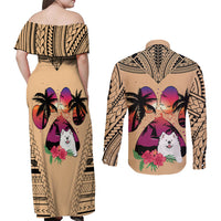 Polynesian Couples Matching Off Shoulder Maxi Dress and Long Sleeve Button Shirts Dog Lover With Samoyed - Sunset At The Beach LT7 - Wonder Print Shop