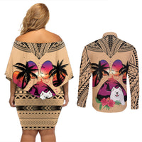 Polynesian Couples Matching Off Shoulder Short Dress and Long Sleeve Button Shirts Dog Lover With Samoyed - Sunset At The Beach LT7 - Wonder Print Shop