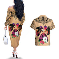 Polynesian Couples Matching Off The Shoulder Long Sleeve Dress and Hawaiian Shirt Dog Lover With Samoyed - Sunset At The Beach LT7 - Wonder Print Shop