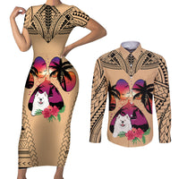 Polynesian Couples Matching Short Sleeve Bodycon Dress and Long Sleeve Button Shirts Dog Lover With Samoyed - Sunset At The Beach LT7 - Wonder Print Shop