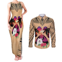 Polynesian Couples Matching Tank Maxi Dress and Long Sleeve Button Shirts Dog Lover With Samoyed - Sunset At The Beach LT7 - Wonder Print Shop