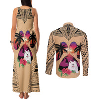Polynesian Couples Matching Tank Maxi Dress and Long Sleeve Button Shirts Dog Lover With Samoyed - Sunset At The Beach LT7 - Wonder Print Shop