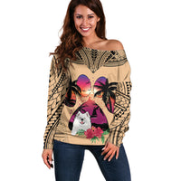 Polynesian Off Shoulder Sweater Dog Lover With Samoyed - Sunset At The Beach - Wonder Print Shop
