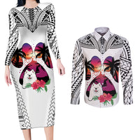 Polynesian Couples Matching Long Sleeve Bodycon Dress and Long Sleeve Button Shirts Dog Lover With Samoyed - Sunset At The Beach White Ver LT7 - Wonder Print Shop