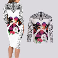 Polynesian Couples Matching Long Sleeve Bodycon Dress and Long Sleeve Button Shirts Dog Lover With Samoyed - Sunset At The Beach White Ver LT7 - Wonder Print Shop