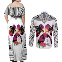Polynesian Couples Matching Off Shoulder Maxi Dress and Long Sleeve Button Shirts Dog Lover With Samoyed - Sunset At The Beach White Ver LT7 - Wonder Print Shop