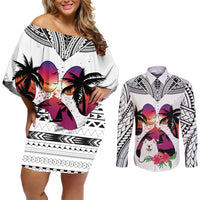 Polynesian Couples Matching Off Shoulder Short Dress and Long Sleeve Button Shirts Dog Lover With Samoyed - Sunset At The Beach White Ver LT7 - Wonder Print Shop