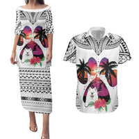 Polynesian Couples Matching Puletasi Dress and Hawaiian Shirt Dog Lover With Samoyed - Sunset At The Beach White Ver LT7 - Wonder Print Shop