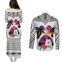 Polynesian Couples Matching Puletasi Dress and Long Sleeve Button Shirts Dog Lover With Samoyed - Sunset At The Beach White Ver LT7 - Wonder Print Shop