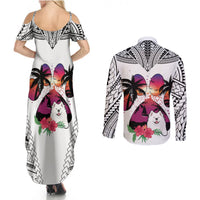 Polynesian Couples Matching Summer Maxi Dress and Long Sleeve Button Shirts Dog Lover With Samoyed - Sunset At The Beach White Ver LT7 - Wonder Print Shop