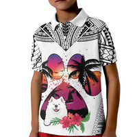 Polynesian Kid Polo Shirt Dog Lover With Samoyed - Sunset At The Beach White Ver - Wonder Print Shop