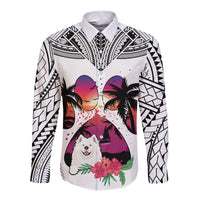 Polynesian Long Sleeve Button Shirt Dog Lover With Samoyed - Sunset At The Beach White Ver - Wonder Print Shop