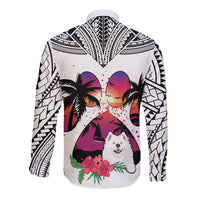 Polynesian Long Sleeve Button Shirt Dog Lover With Samoyed - Sunset At The Beach White Ver - Wonder Print Shop