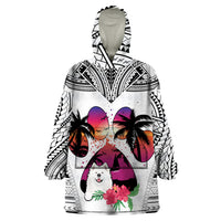 Polynesian Wearable Blanket Hoodie Dog Lover With Samoyed - Sunset At The Beach White Ver - Wonder Print Shop