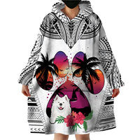 Polynesian Wearable Blanket Hoodie Dog Lover With Samoyed - Sunset At The Beach White Ver - Wonder Print Shop