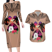 Polynesian Couples Matching Long Sleeve Bodycon Dress and Hawaiian Shirt Dog Lover With Samoyed - Sunset At The Beach Brown Ver LT7 - Wonder Print Shop