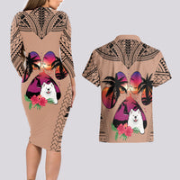 Polynesian Couples Matching Long Sleeve Bodycon Dress and Hawaiian Shirt Dog Lover With Samoyed - Sunset At The Beach Brown Ver LT7 - Wonder Print Shop