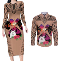 Polynesian Couples Matching Long Sleeve Bodycon Dress and Long Sleeve Button Shirts Dog Lover With Samoyed - Sunset At The Beach Brown Ver LT7 - Wonder Print Shop